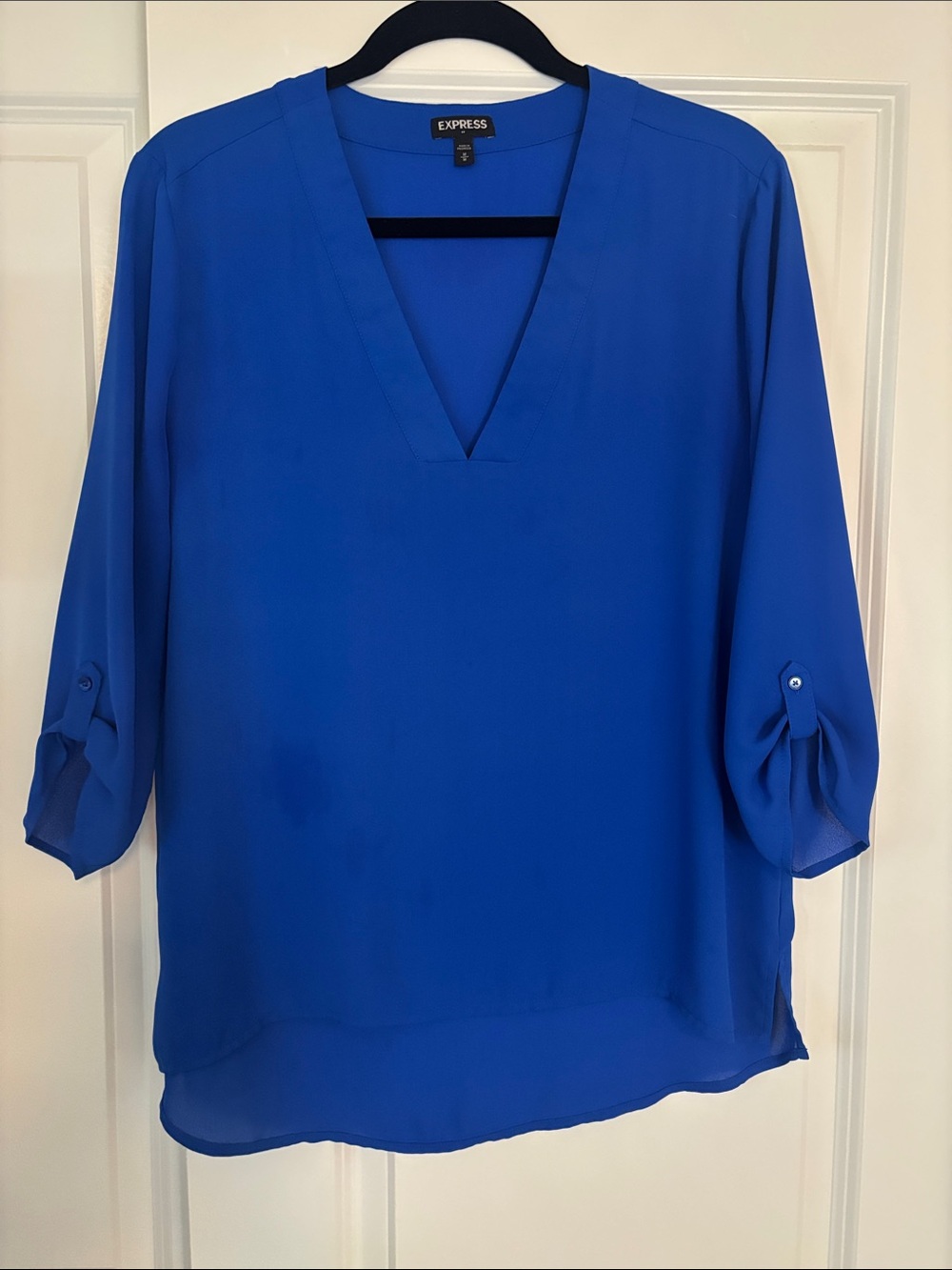 Express Royal Blue V-Neck Roll-Tab Blouse
